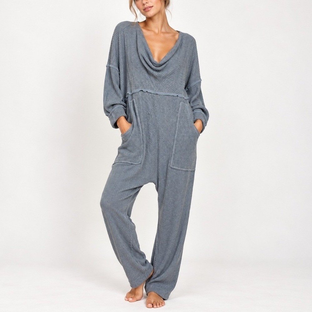 Free People Intimately Kickback Fall Jumpsuit Sz L Gray Thermal Waffle Knit NEW